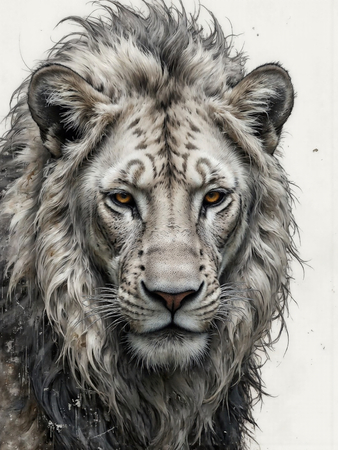 Portrait de lion photographié sur fond blanc ou clair. Une œuvre sobre et élégante pour sublimer votre intérieur ou un espace professionnel. Disponible sur plusieurs supports. Création exclusive DECOTAB.