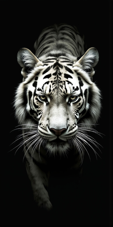 Portrait de tigre blanc photographié sur fond noir. Une œuvre intense et raffinée, disponible en couleur ou en noir et blanc pur. Fabrication française et formats personnalisables.
