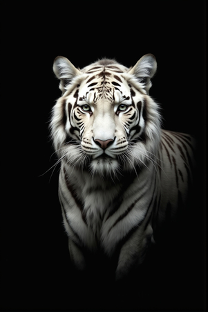 Portrait de tigre blanc photographié sur fond noir. Une œuvre intense et raffinée, disponible en couleur ou en noir et blanc pur. Fabrication française et formats personnalisables.