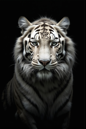 Portrait de tigre blanc photographié sur fond noir. Une œuvre intense et raffinée, disponible en couleur ou en noir et blanc pur. Fabrication française et formats personnalisables.