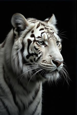 Portrait de tigre blanc photographié sur fond noir. Une œuvre intense et raffinée, disponible en couleur ou en noir et blanc pur. Fabrication française et formats personnalisables.