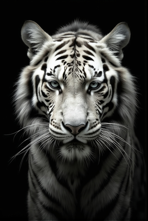 Portrait de tigre blanc photographié sur fond noir. Une œuvre intense et raffinée, disponible en couleur ou en noir et blanc pur. Fabrication française et formats personnalisables.