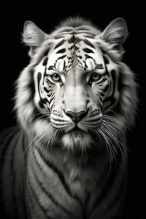 Portrait de tigre blanc photographié sur fond noir. Une œuvre intense et raffinée, disponible en couleur ou en noir et blanc pur. Fabrication française et formats personnalisables.