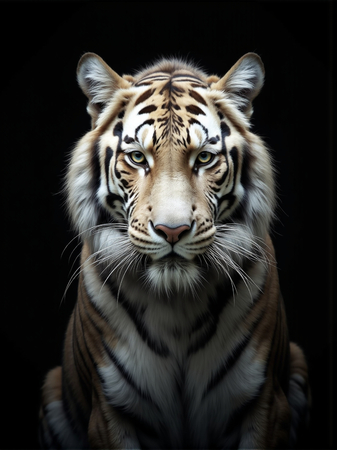 Portrait de tigre blanc photographié sur fond noir. Une œuvre intense et raffinée, disponible en couleur ou en noir et blanc pur. Fabrication française et formats personnalisables.