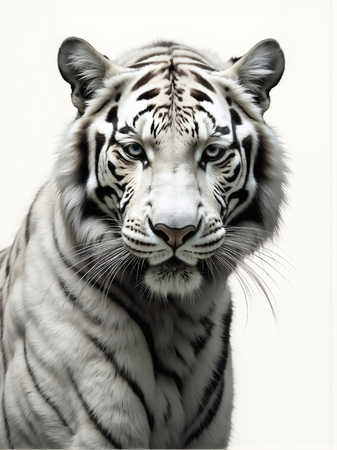 Portrait de tigre blanc sur fond clair ou blanc, décliné en plusieurs expressions et formats. Une œuvre raffinée pour une décoration originale et élégante. Fabrication française et formats sur-mesure.