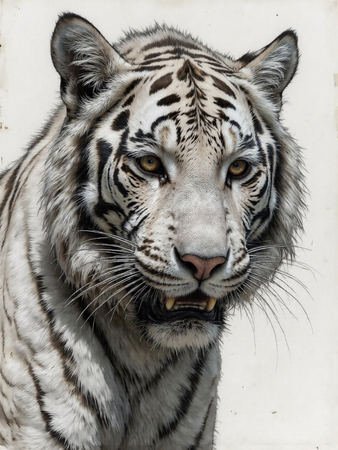 Portrait de tigre blanc sur fond clair ou blanc, décliné en plusieurs expressions et formats. Une œuvre raffinée pour une décoration originale et élégante. Fabrication française et formats sur-mesure.