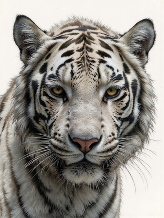 Portrait de tigre blanc sur fond clair ou blanc, décliné en plusieurs expressions et formats. Une œuvre raffinée pour une décoration originale et élégante. Fabrication française et formats sur-mesure.