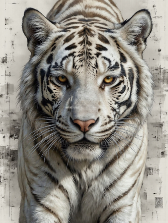 Portrait de tigre blanc sur fond clair ou blanc, décliné en plusieurs expressions et formats. Une œuvre raffinée pour une décoration originale et élégante. Fabrication française et formats sur-mesure.