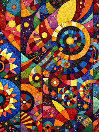 Tableau abstrait aux motifs géométriques multicolores africains, idéal pour dynamiser votre décoration intérieure avec originalité et modernité.