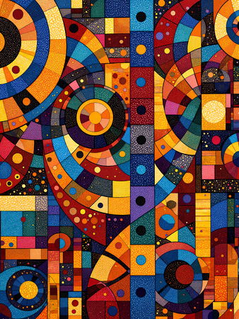 Tableau abstrait aux motifs géométriques multicolores africains, idéal pour dynamiser votre décoration intérieure avec originalité et modernité.
