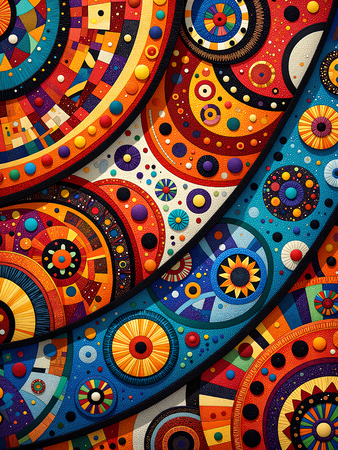 Tableau abstrait aux motifs géométriques multicolores africains, idéal pour dynamiser votre décoration intérieure avec originalité et modernité.