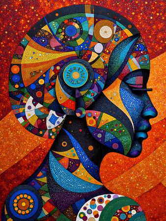 Tableau original représentant une femme africaine sur un fond abstrait et coloré. Une œuvre pleine de vie, idéale pour apporter une touche chaleureuse et expressive à votre décoration.