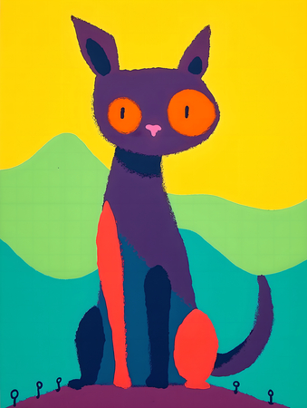 Tableau minimaliste représentant un chat stylisé avec des formes géométriques audacieuses et des couleurs vives. Idéal pour une décoration contemporaine ou d'inspiration nordique.