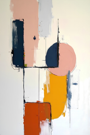 Tableau abstrait géométrique minimaliste aux teintes claires (orangé, rosé, bleu, blanc) avec éléments graphiques au trait noir. Composition structurée et moderne pour une décoration élégante.