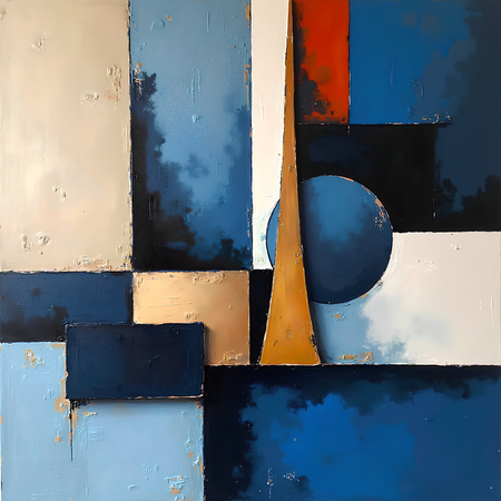 Tableau abstrait à dominante bleue, formes géométriques simples et texture en relief. Une œuvre contemporaine imprimée numériquement, alliant sobriété et présence visuelle.