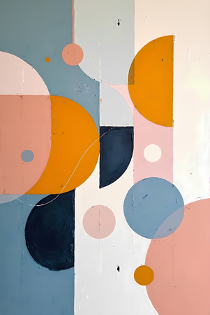Tableau abstrait géométrique minimaliste aux teintes claires (orangé, rosé, bleu, blanc) avec éléments graphiques au trait noir. Composition structurée et moderne pour une décoration élégante.