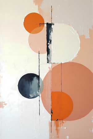 Tableau abstrait géométrique minimaliste aux teintes claires (orangé, rosé, bleu, blanc) avec éléments graphiques au trait noir. Composition structurée et moderne pour une décoration élégante.