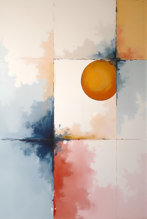 Tableau abstrait géométrique minimaliste aux teintes claires (orangé, rosé, bleu, blanc) avec éléments graphiques au trait noir. Composition structurée et moderne pour une décoration élégante.