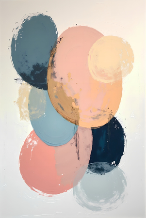 Tableau abstrait géométrique minimaliste aux teintes claires (orangé, rosé, bleu, blanc) avec éléments graphiques au trait noir. Composition structurée et moderne pour une décoration élégante.