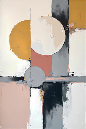 Tableau abstrait géométrique minimaliste aux teintes claires (orangé, rosé, bleu, blanc) avec éléments graphiques au trait noir. Composition structurée et moderne pour une décoration élégante.