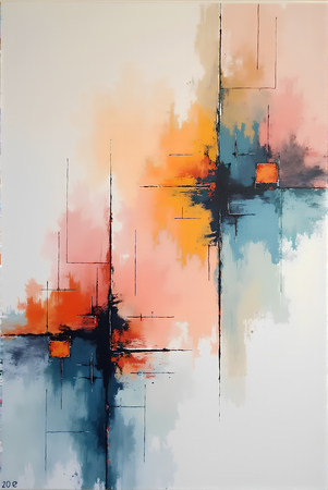 Tableau abstrait géométrique minimaliste aux teintes claires (orangé, rosé, bleu, blanc) avec éléments graphiques au trait noir. Composition structurée et moderne pour une décoration élégante.