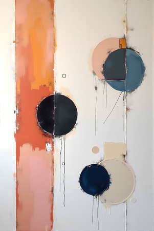 Tableau abstrait géométrique minimaliste aux teintes claires (orangé, rosé, bleu, blanc) avec éléments graphiques au trait noir. Composition structurée et moderne pour une décoration élégante.