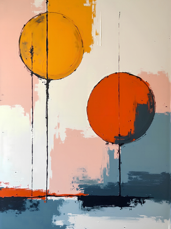 Tableau abstrait géométrique minimaliste aux teintes claires (orangé, rosé, bleu, blanc) avec éléments graphiques au trait noir. Composition structurée et moderne pour une décoration élégante.