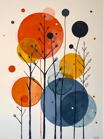 Tableau abstrait géométrique minimaliste aux teintes claires (orangé, rosé, bleu, blanc) avec éléments graphiques au trait noir. Composition structurée et moderne pour une décoration élégante.