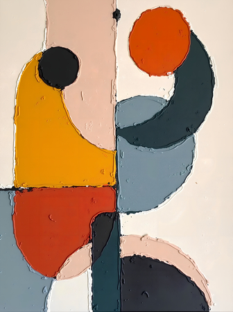 Tableau abstrait géométrique minimaliste aux teintes claires (orangé, rosé, bleu, blanc) avec éléments graphiques au trait noir. Composition structurée et moderne pour une décoration élégante.