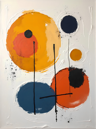 Tableau abstrait géométrique minimaliste aux teintes claires (orangé, rosé, bleu, blanc) avec éléments graphiques au trait noir. Composition structurée et moderne pour une décoration élégante.
