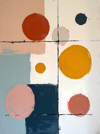 Tableau abstrait géométrique minimaliste aux teintes claires (orangé, rosé, bleu, blanc) avec éléments graphiques au trait noir. Composition structurée et moderne pour une décoration élégante.
