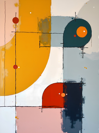 Tableau abstrait géométrique minimaliste aux teintes claires (orangé, rosé, bleu, blanc) avec éléments graphiques au trait noir. Composition structurée et moderne pour une décoration élégante.
