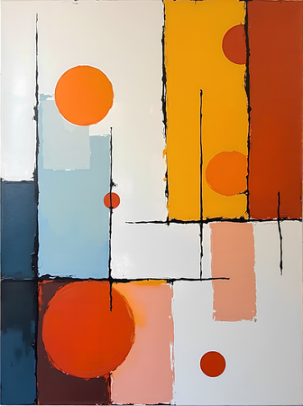 Tableau abstrait géométrique minimaliste aux teintes claires (orangé, rosé, bleu, blanc) avec éléments graphiques au trait noir. Composition structurée et moderne pour une décoration élégante.