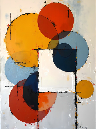 Tableau abstrait géométrique minimaliste aux teintes claires (orangé, rosé, bleu, blanc) avec éléments graphiques au trait noir. Composition structurée et moderne pour une décoration élégante.