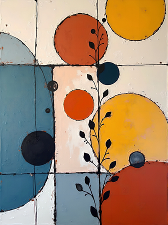Tableau abstrait géométrique minimaliste aux teintes claires (orangé, rosé, bleu, blanc) avec éléments graphiques au trait noir. Composition structurée et moderne pour une décoration élégante.