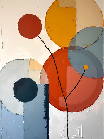 Tableau abstrait géométrique minimaliste aux teintes claires (orangé, rosé, bleu, blanc) avec éléments graphiques au trait noir. Composition structurée et moderne pour une décoration élégante.