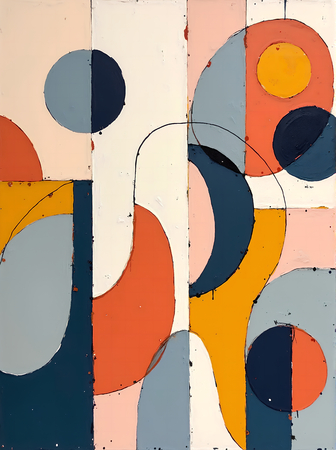 Tableau abstrait géométrique minimaliste aux teintes claires (orangé, rosé, bleu, blanc) avec éléments graphiques au trait noir. Composition structurée et moderne pour une décoration élégante.