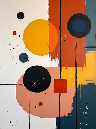 Tableau abstrait géométrique minimaliste aux teintes claires (orangé, rosé, bleu, blanc) avec éléments graphiques au trait noir. Composition structurée et moderne pour une décoration élégante.