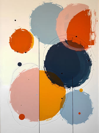 Tableau abstrait géométrique minimaliste aux teintes claires (orangé, rosé, bleu, blanc) avec éléments graphiques au trait noir. Composition structurée et moderne pour une décoration élégante.