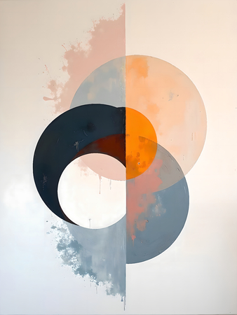 Tableau abstrait géométrique minimaliste aux teintes claires (orangé, rosé, bleu, blanc) avec éléments graphiques au trait noir. Composition structurée et moderne pour une décoration élégante.