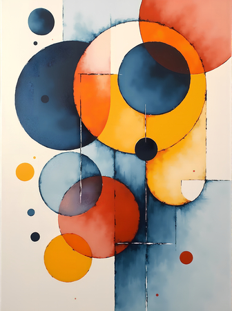 Tableau abstrait géométrique minimaliste aux teintes claires (orangé, rosé, bleu, blanc) avec éléments graphiques au trait noir. Composition structurée et moderne pour une décoration élégante.