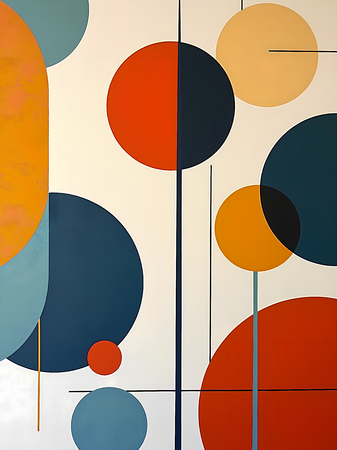 Tableau abstrait géométrique minimaliste aux teintes claires (orangé, rosé, bleu, blanc) avec éléments graphiques au trait noir. Composition structurée et moderne pour une décoration élégante.