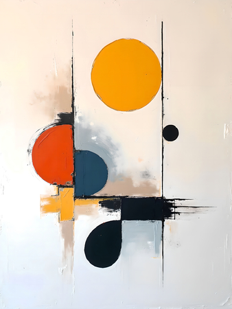 Tableau abstrait géométrique minimaliste aux teintes claires (orangé, rosé, bleu, blanc) avec éléments graphiques au trait noir. Composition structurée et moderne pour une décoration élégante.