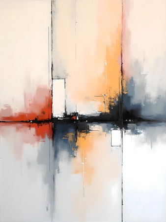 Tableau abstrait géométrique minimaliste aux teintes claires (orangé, rosé, bleu, blanc) avec éléments graphiques au trait noir. Composition structurée et moderne pour une décoration élégante.