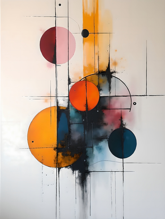 Tableau abstrait géométrique minimaliste aux teintes claires (orangé, rosé, bleu, blanc) avec éléments graphiques au trait noir. Composition structurée et moderne pour une décoration élégante.