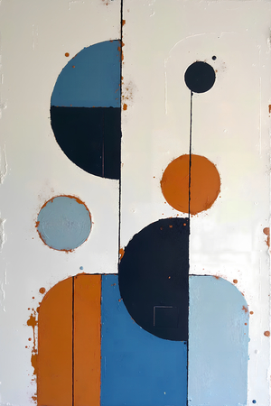 Tableau abstrait géométrique minimaliste aux teintes claires (orangé, rosé, bleu, blanc) avec éléments graphiques au trait noir. Composition structurée et moderne pour une décoration élégante.