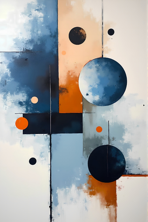 Tableau abstrait à dominante bleue, formes géométriques simples et texture en relief. Une œuvre contemporaine imprimée numériquement, alliant sobriété et présence visuelle.