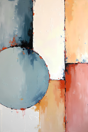 Tableau abstrait géométrique minimaliste aux teintes claires (orangé, rosé, bleu, blanc) avec éléments graphiques au trait noir. Composition structurée et moderne pour une décoration élégante.