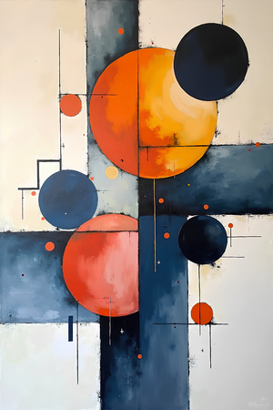 Tableau abstrait géométrique minimaliste aux teintes claires (orangé, rosé, bleu, blanc) avec éléments graphiques au trait noir. Composition structurée et moderne pour une décoration élégante.