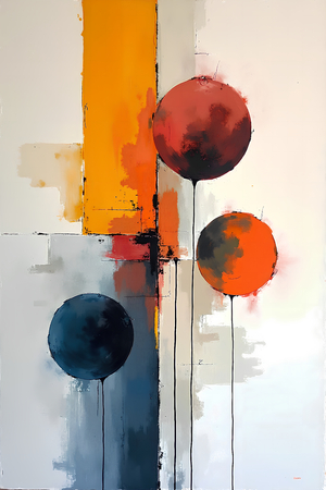 Tableau abstrait géométrique minimaliste aux teintes claires (orangé, rosé, bleu, blanc) avec éléments graphiques au trait noir. Composition structurée et moderne pour une décoration élégante.